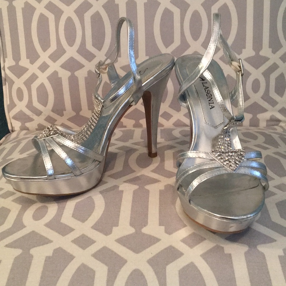 Silver tone high heels with crystal sequin detail